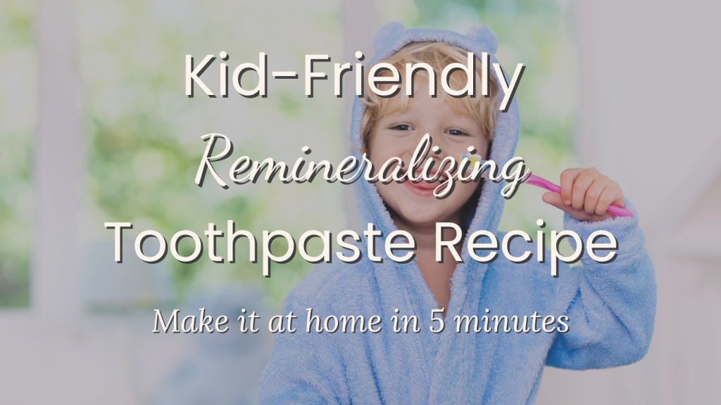 Smiling child in blue bathrobe brushing teeth to represent a kid-friendly remineralizing toothpaste recipe