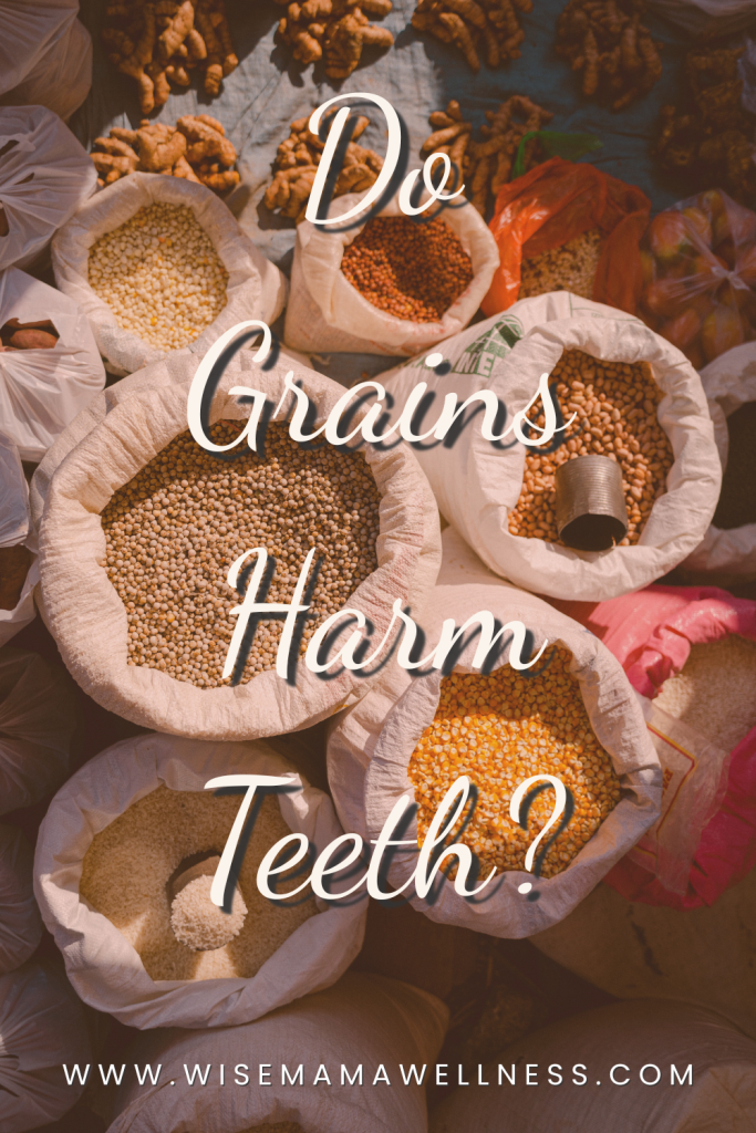 Assorted whole grains displayed in market bags for grains  and dental health article