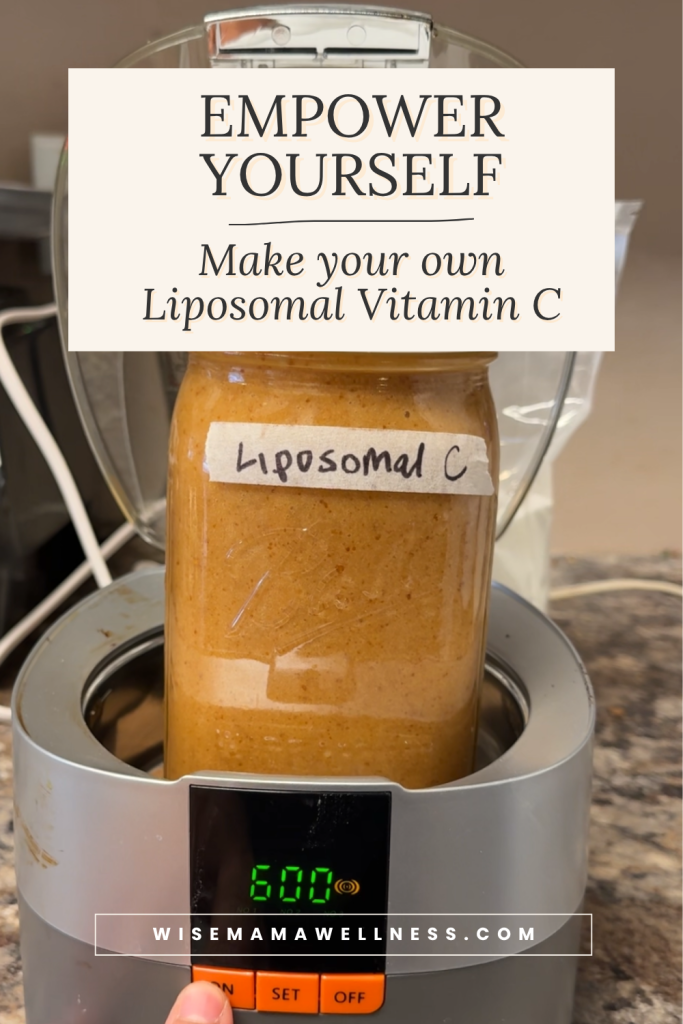 Homemade liposomal vitamin C in ultrasonic cleaner with text encouraging readers to make their own