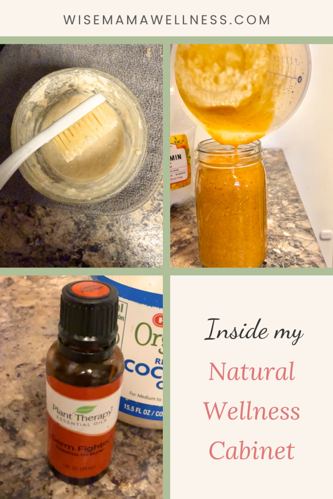 Collage showing homemade toothpaste, liposomal vitamin C, coconut oil, and essential oils from a natural wellness cabinet