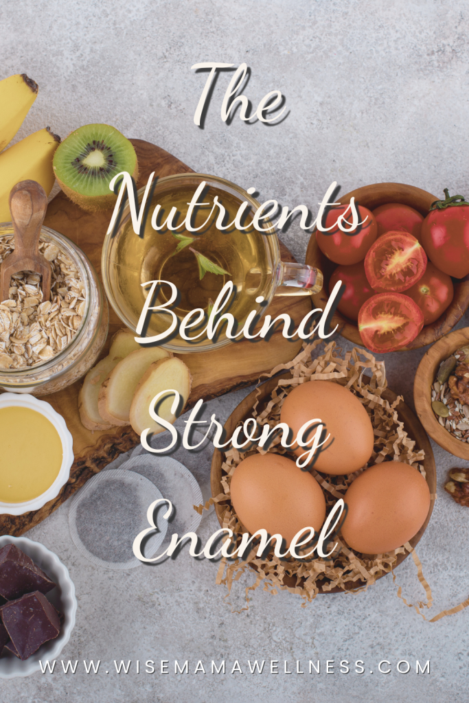 Flatlay of nutrient-rich foods including eggs, oats, ginger, fruits, and tea that support strong enamel and oral health