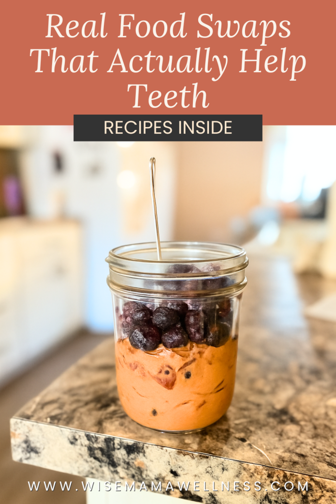 Jar filled with liver smoothie and berries illustrating simple real-food swaps that support stronger enamel and better mineral absorption