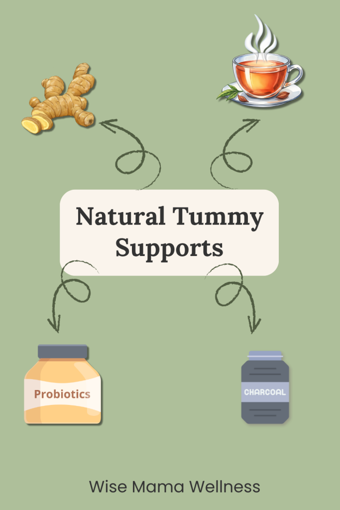 Infographic showing natural tummy supports including ginger, herbal tea, probiotics, and activated charcoal.