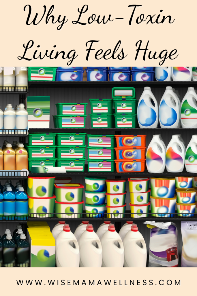 aisle of conventional cleaning products illustrating why low-toxin living feels overwhelming