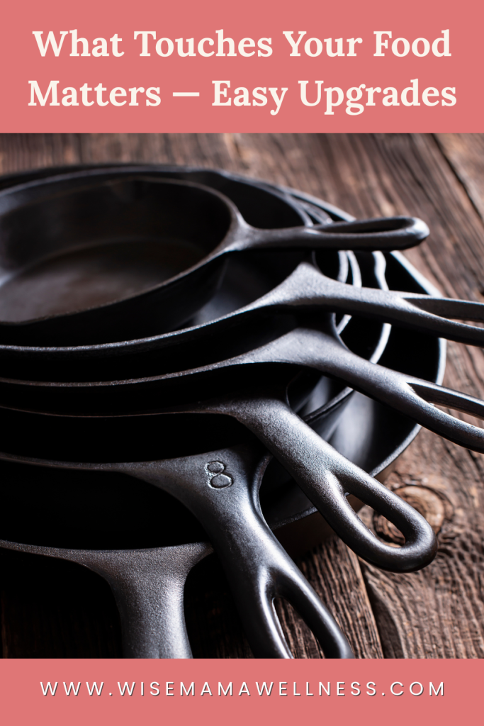 stack of cast iron skillets showing safer cookware options for a low-toxin home