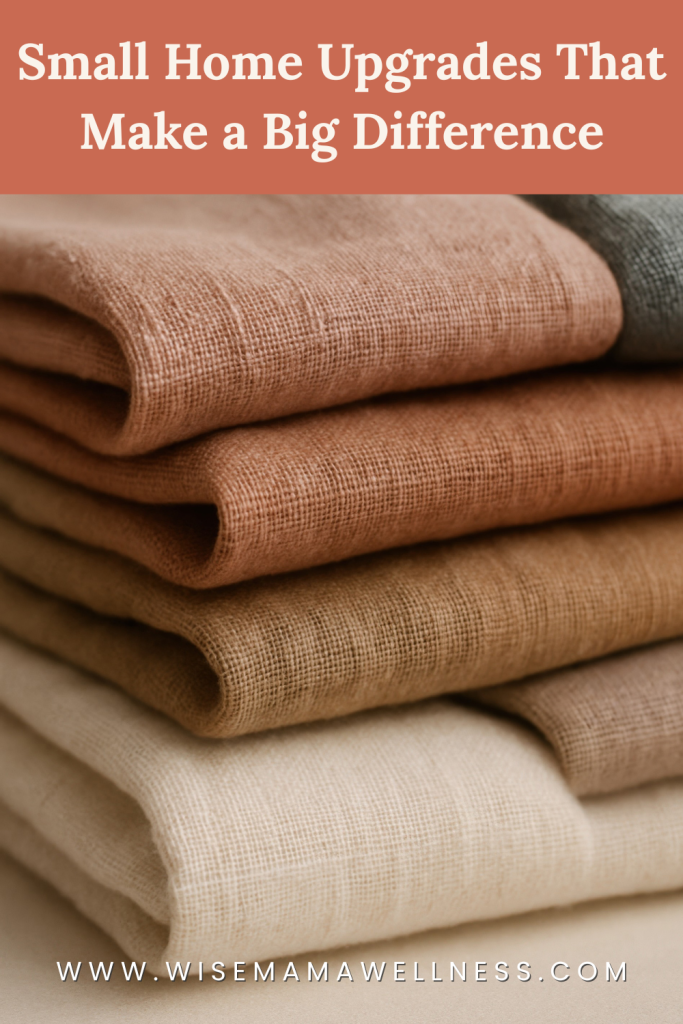folded natural-fiber linens showing simple low-toxin home upgrades