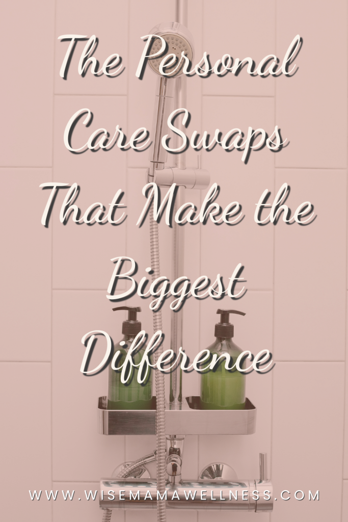 natural shower bottles on a shelf for low-toxin personal care swaps